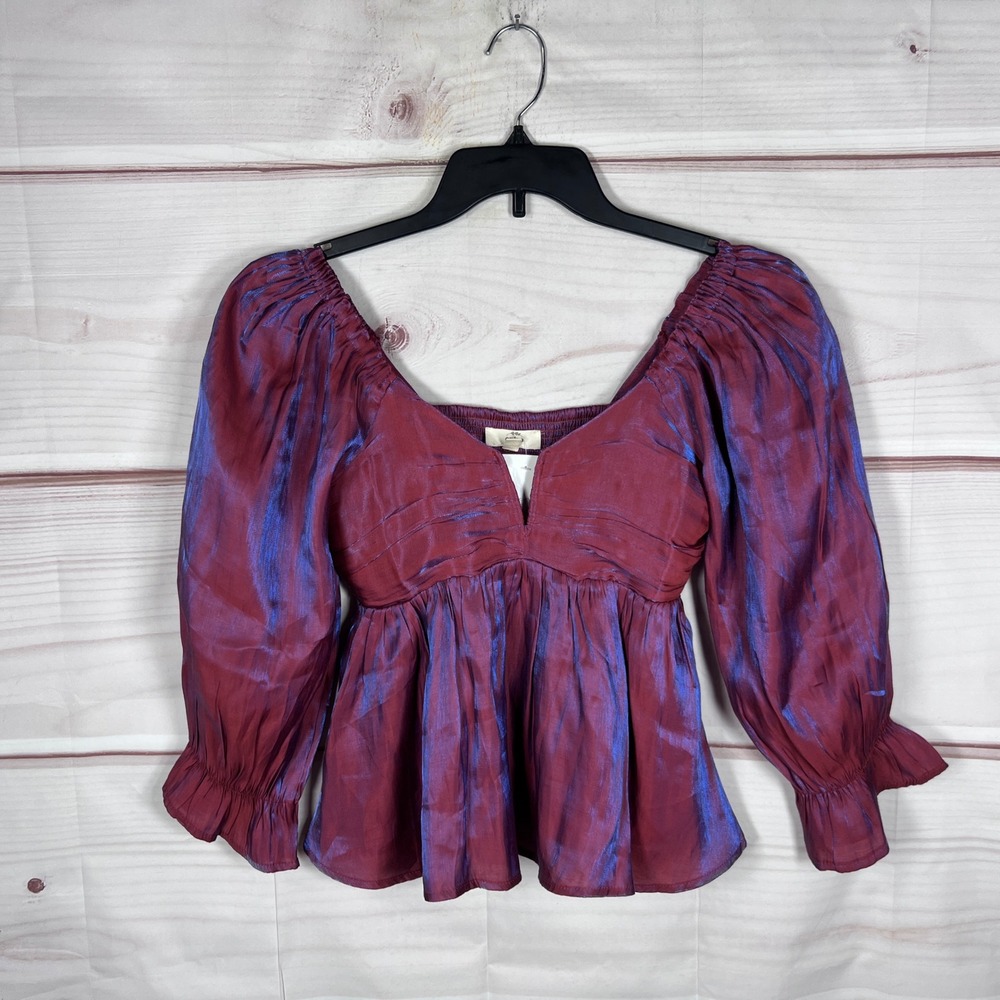 Entro Top Womens Small Burgundy Iridescent Puff Sleeve Empire Waist Whimsy Goth